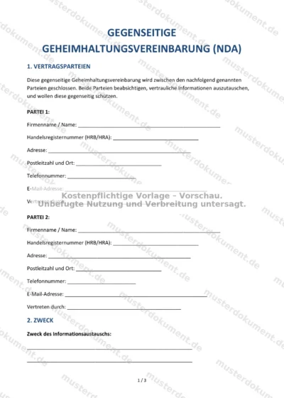 Gegenseitige Geheimhaltungsvereinbarung (NDA) — Vorlage Word & PDF — Vertragsvorlage im DOCX-Format