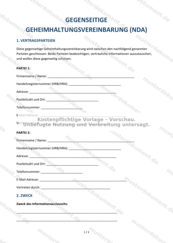 Gegenseitige Geheimhaltungsvereinbarung (NDA) — Vorlage Word & PDF