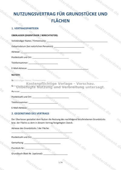 Nutzungsvertrag für Grundstücke und Flächen — Vorlage Word & PDF — Vertragsvorlage im DOCX-Format
