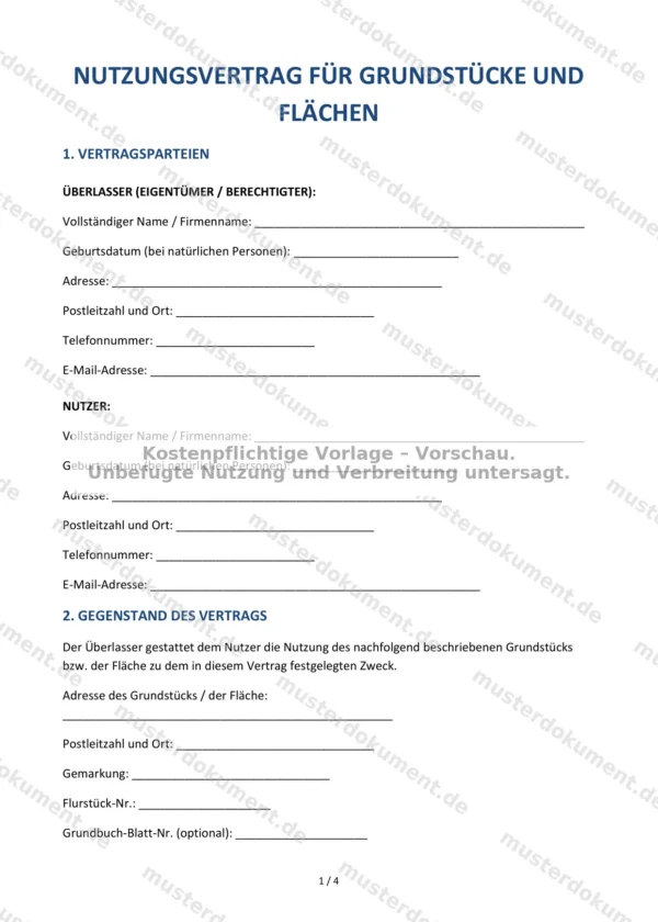 Nutzungsvertrag für Grundstücke und Flächen — Vorlage Word & PDF