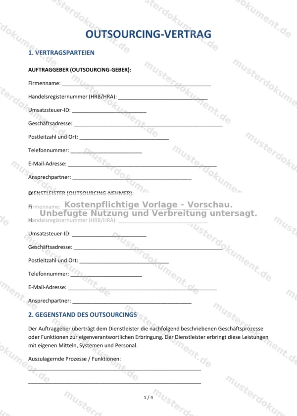 Outsourcing-Vertrag — Vorlage Word & PDF