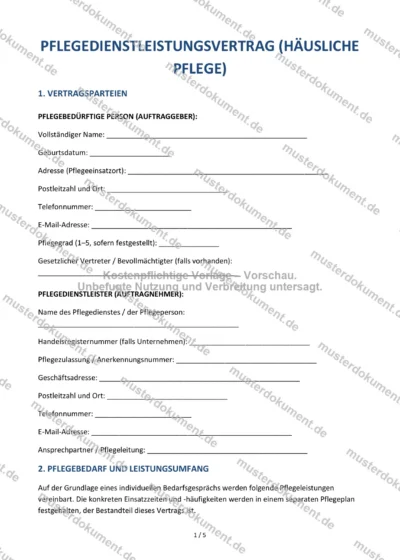 Pflegedienstleistungsvertrag (häusliche Pflege) — Vorlage Word & PDF — Vertragsvorlage im DOCX-Format