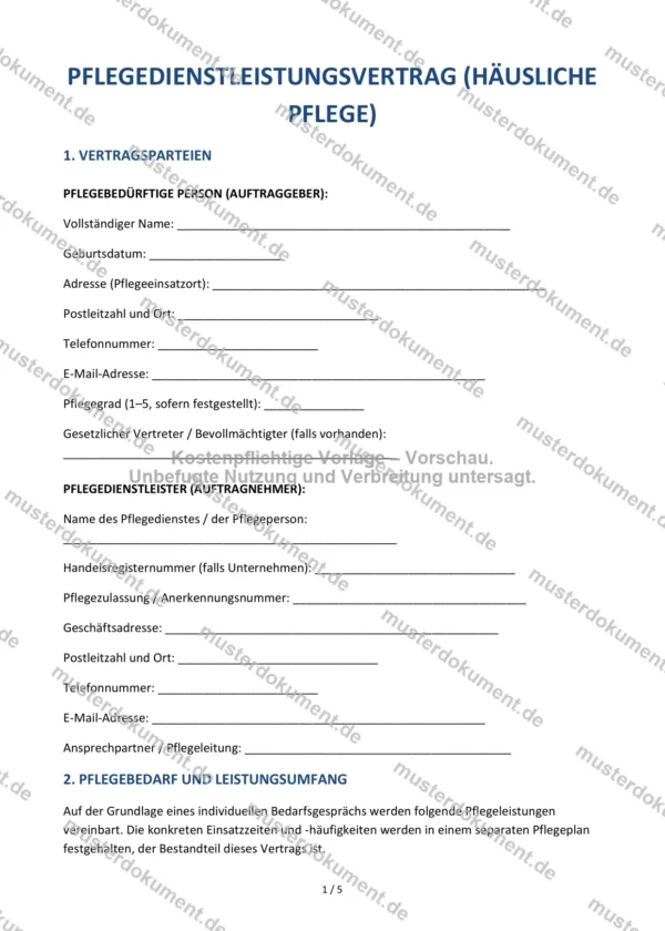 Pflegedienstleistungsvertrag (häusliche Pflege) — Vorlage Word & PDF
