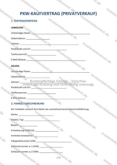 PKW-Kaufvertrag (Privatverkauf) — Vorlage Word & PDF — Vertragsvorlage im DOCX-Format