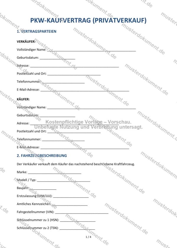 PKW-Kaufvertrag (Privatverkauf) — Vorlage Word & PDF