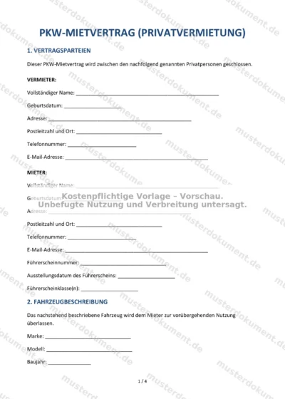 PKW-Mietvertrag (Privatvermietung) — Vorlage Word & PDF — Vertragsvorlage im DOCX-Format