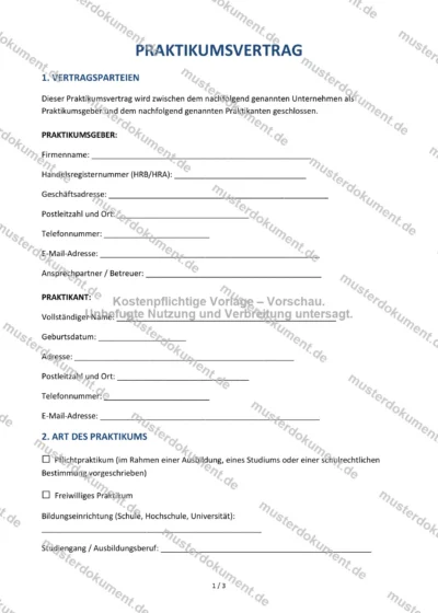 Praktikumsvertrag — Vorlage Word & PDF — Vertragsvorlage im DOCX-Format