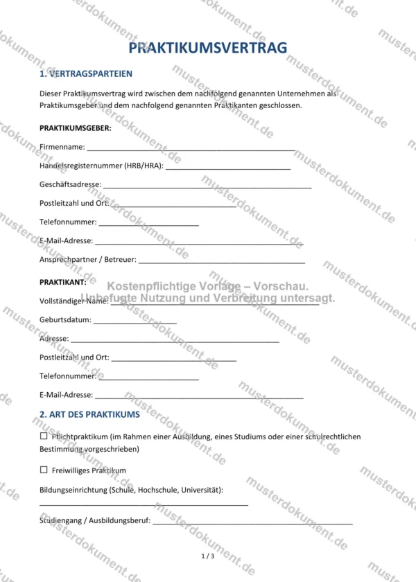 Praktikumsvertrag — Vorlage Word & PDF