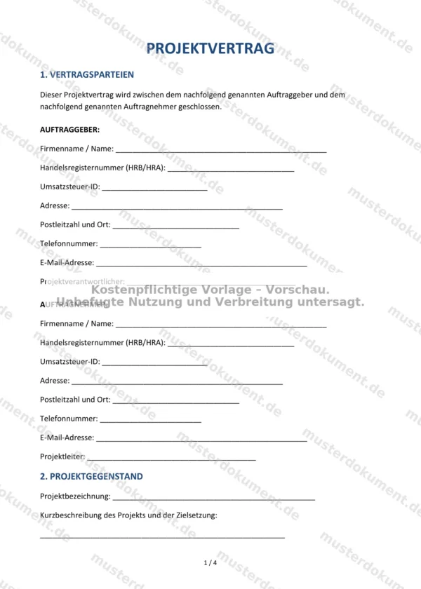 Projektvertrag — Vorlage Word & PDF