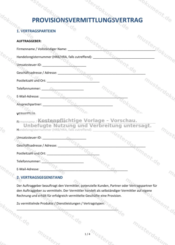 Provisionsvermittlungsvertrag — Vorlage Word & PDF