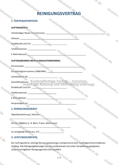 Reinigungsvertrag — Vorlage Word & PDF — Vertragsvorlage im DOCX-Format
