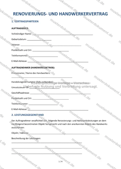 Renovierungs- und Handwerkervertrag — Vorlage Word & PDF — Vertragsvorlage im DOCX-Format