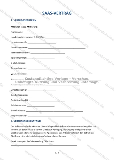 SaaS-Vertrag — Vorlage Word & PDF — Vertragsvorlage im DOCX-Format