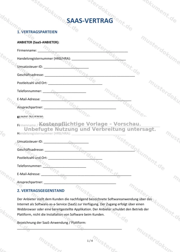 SaaS-Vertrag — Vorlage Word & PDF