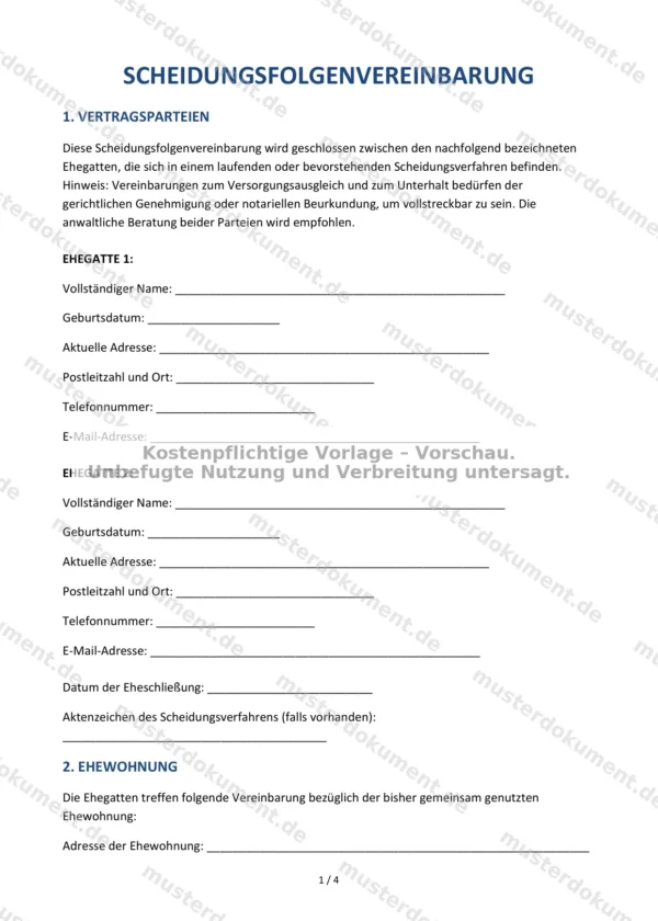 Scheidungsfolgenvereinbarung — Vorlage Word & PDF