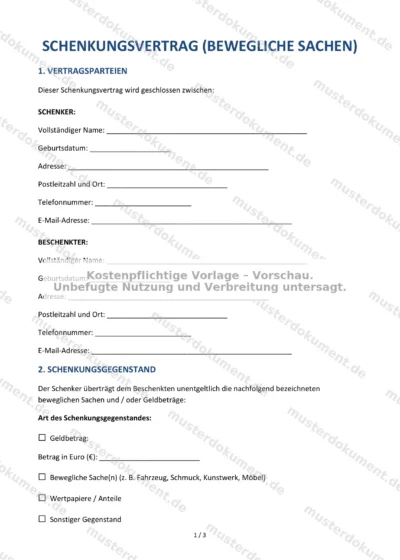 Schenkungsvertrag (bewegliche Sachen) — Vorlage Word & PDF — Vertragsvorlage im DOCX-Format