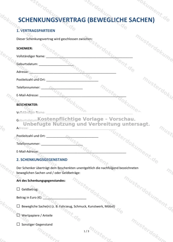Schenkungsvertrag (bewegliche Sachen) — Vorlage Word & PDF