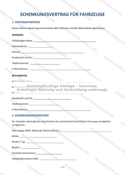 Schenkungsvertrag für Fahrzeuge — Vorlage Word & PDF — Vertragsvorlage im DOCX-Format