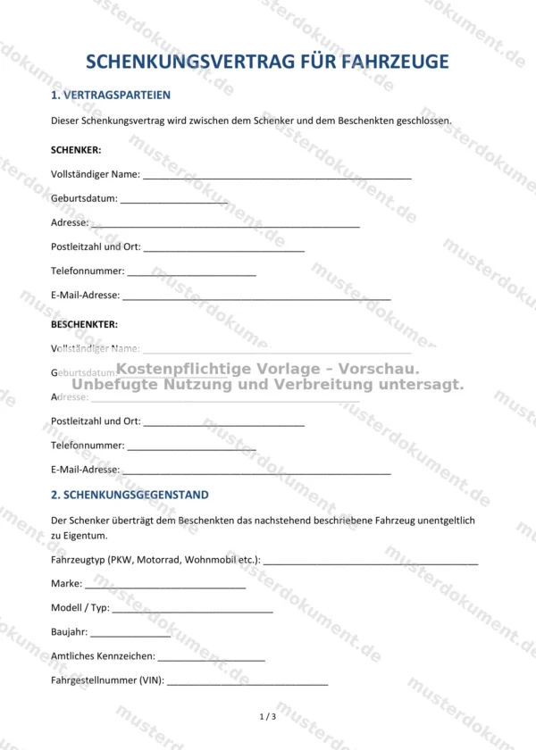 Schenkungsvertrag für Fahrzeuge — Vorlage Word & PDF