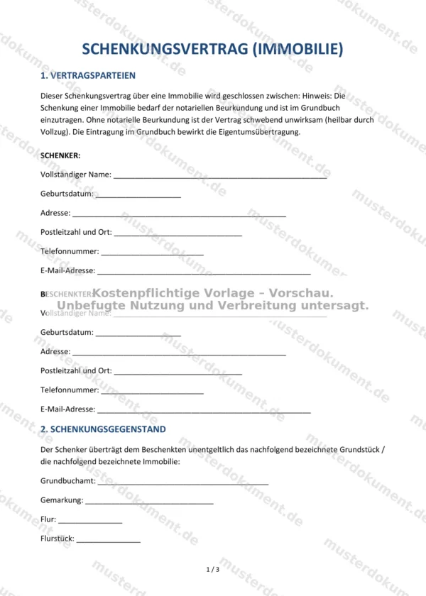 Schenkungsvertrag (Immobilie) — Vorlage Word & PDF
