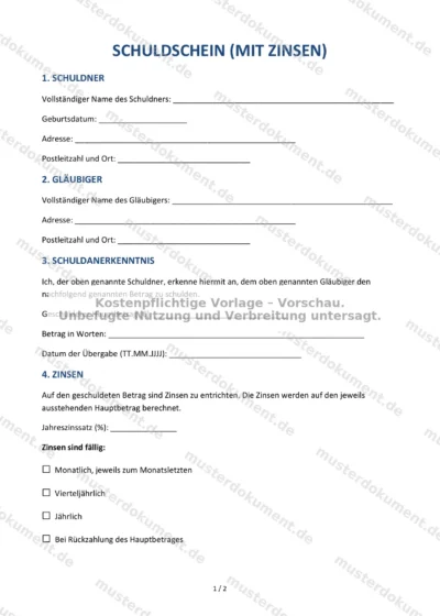 Schuldschein (mit Zinsen) — Vorlage Word & PDF — Vertragsvorlage im DOCX-Format