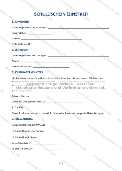 Schuldschein (zinsfrei) — Vorlage Word & PDF — Vertragsvorlage im DOCX-Format