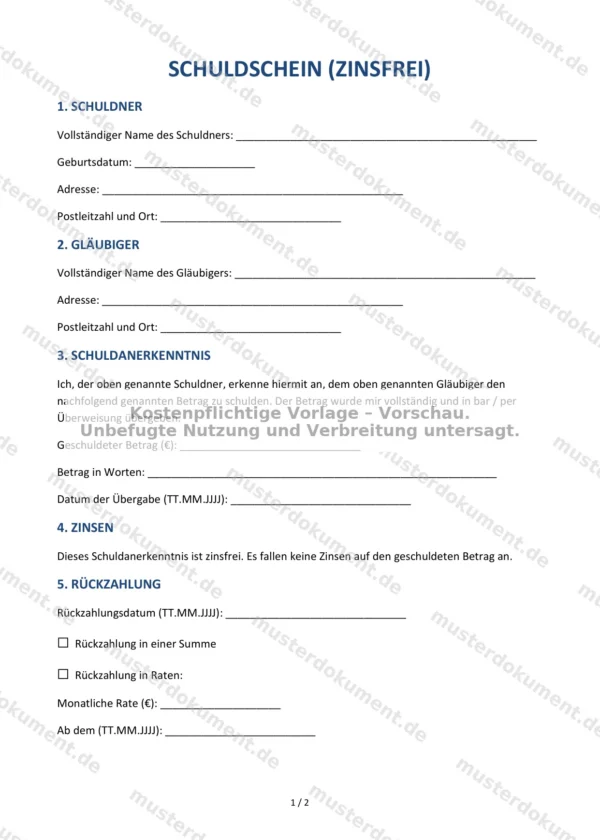 Schuldschein (zinsfrei) — Vorlage Word & PDF