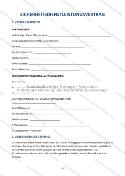 Sicherheitsdienstleistungsvertrag — Vorlage Word & PDF — Vertragsvorlage im DOCX-Format