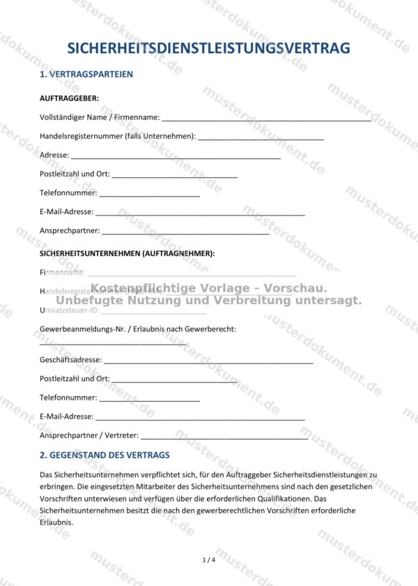 Sicherheitsdienstleistungsvertrag — Vorlage Word & PDF