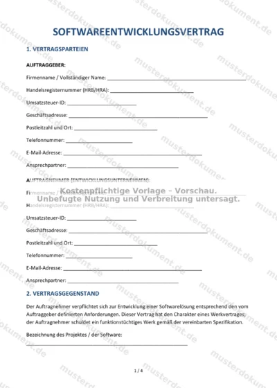 Softwareentwicklungsvertrag — Vorlage Word & PDF — Vertragsvorlage im DOCX-Format