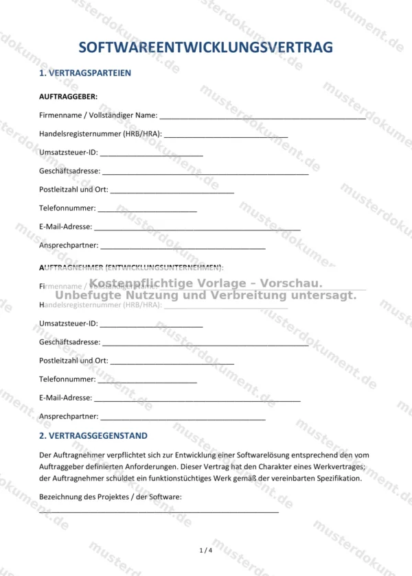 Softwareentwicklungsvertrag — Vorlage Word & PDF