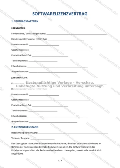 Softwarelizenzvertrag — Vorlage Word & PDF — Vertragsvorlage im DOCX-Format