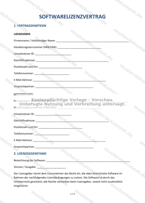 Softwarelizenzvertrag — Vorlage Word & PDF