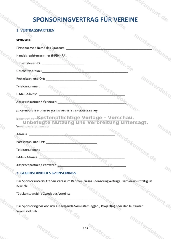Sponsoringvertrag für Vereine — Vorlage Word & PDF
