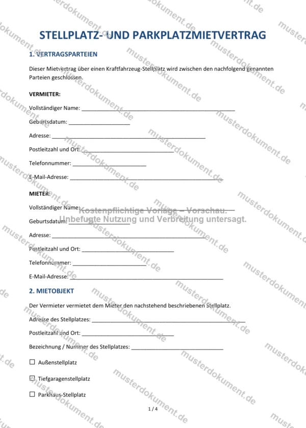 Stellplatz- und Parkplatzmietvertrag — Vorlage Word & PDF