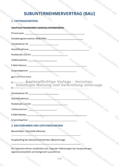 Subunternehmervertrag (Bau) — Vorlage Word & PDF — Vertragsvorlage im DOCX-Format