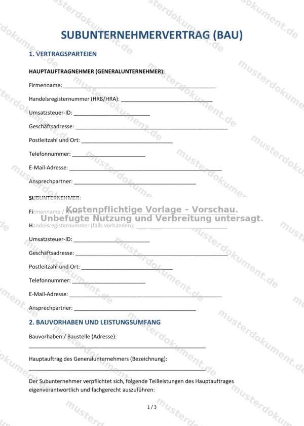 Subunternehmervertrag (Bau) — Vorlage Word & PDF