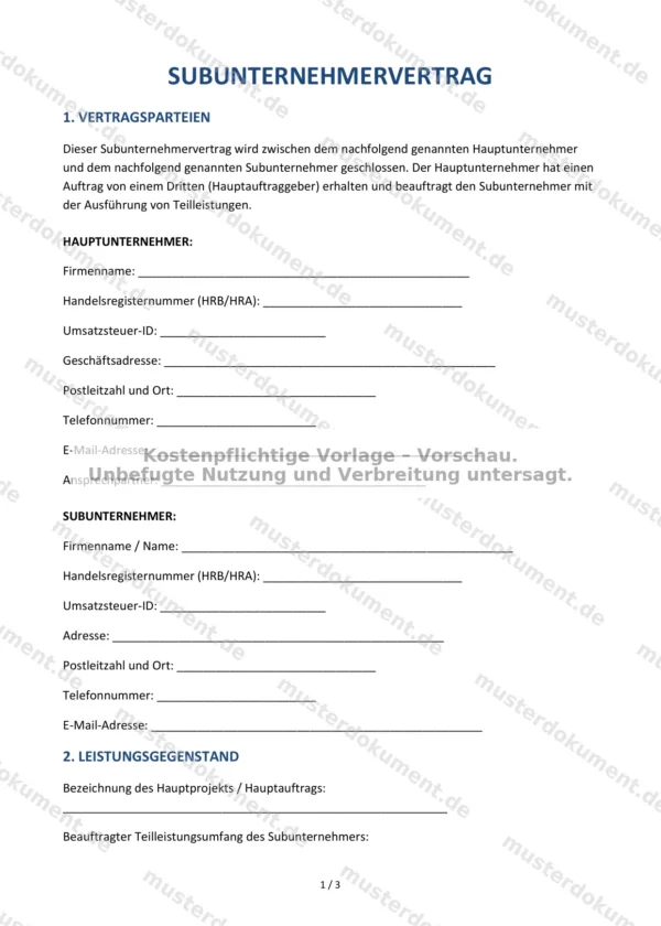 Subunternehmervertrag — Vorlage Word & PDF