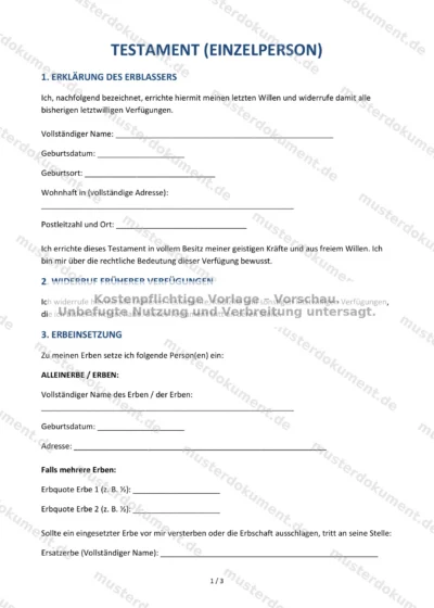Testament (Einzelperson) — Vorlage Word & PDF — Vertragsvorlage im DOCX-Format