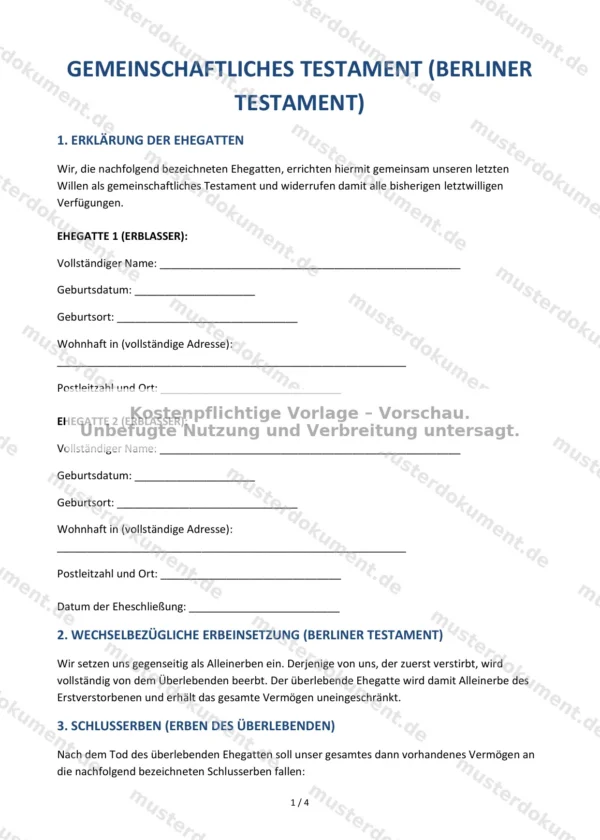 Gemeinschaftliches Testament (Berliner Testament) — Vorlage Word & PDF