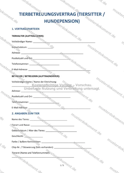 Tierbetreuungsvertrag — Vorlage Word & PDF — Vertragsvorlage im DOCX-Format