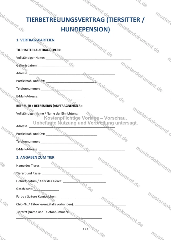 Tierbetreuungsvertrag — Vorlage Word & PDF