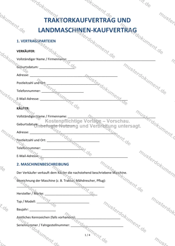 Traktor-Kaufvertrag — Vorlage Word & PDF