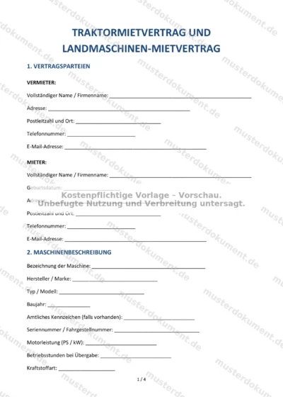 Traktor-Mietvertrag — Vorlage Word & PDF — Vertragsvorlage im DOCX-Format