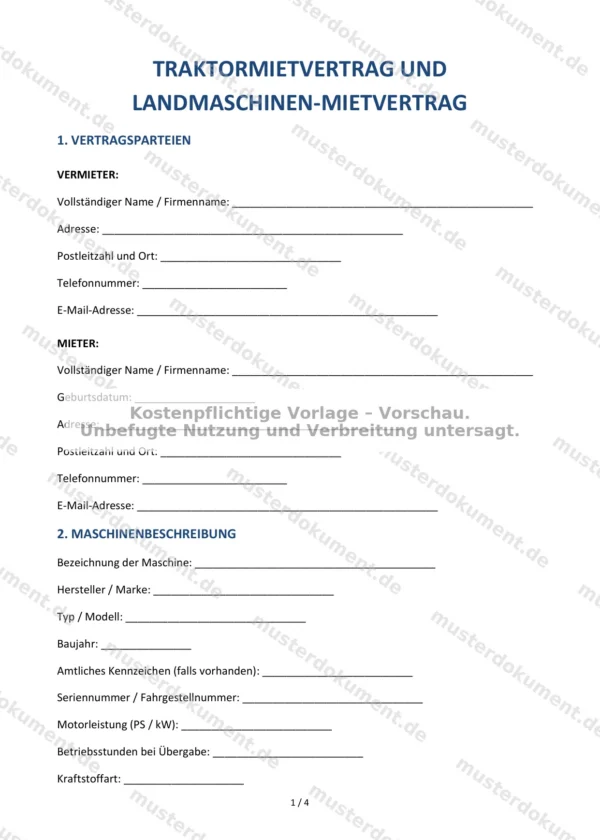 Traktor-Mietvertrag — Vorlage Word & PDF