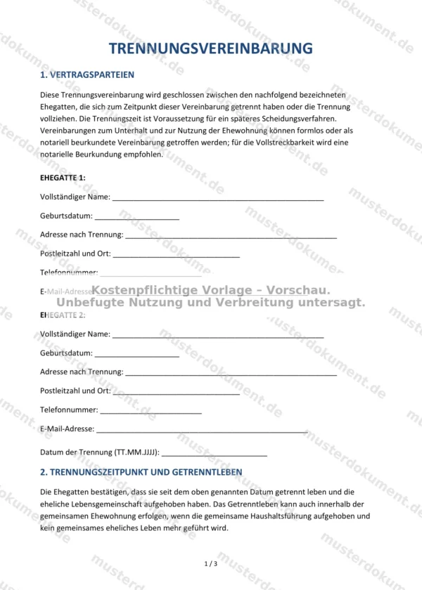 Trennungsvereinbarung — Vorlage Word & PDF