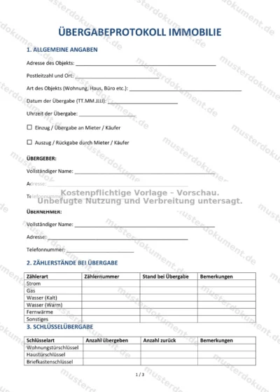 Übergabeprotokoll Immobilie — Vorlage Word & PDF — Vertragsvorlage im DOCX-Format