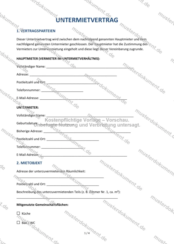 Untermietvertrag — Vorlage Word & PDF