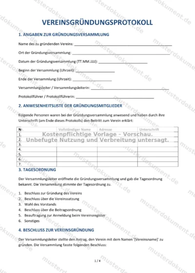 Vereinsgründungsprotokoll — Vorlage Word & PDF — Vertragsvorlage im DOCX-Format