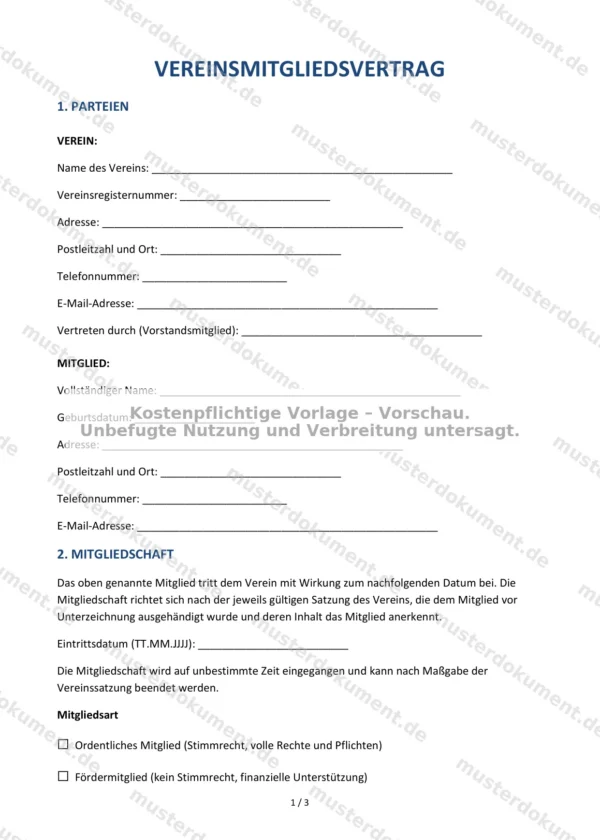 Vereinsmitgliedsvertrag — Vorlage Word & PDF